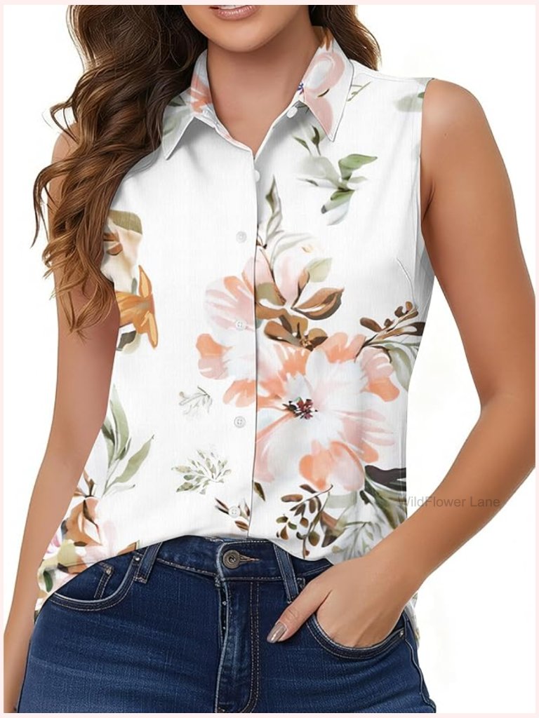 Wrinkle Free Stretch Button Down Sleeveless Blouse Office Work Top